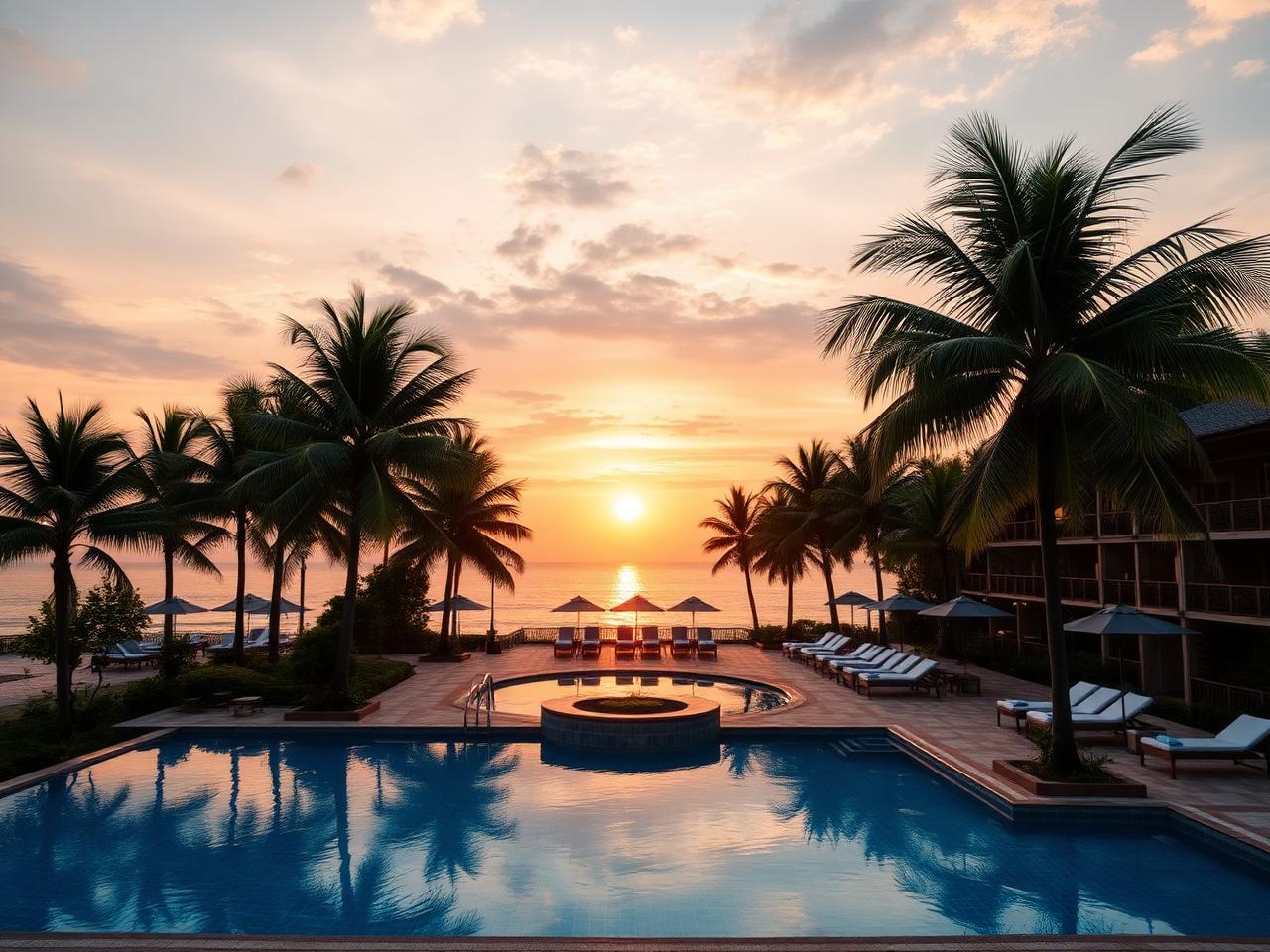 Beachfront tropical resort conference venue at sunset in Pattaya, Thailand