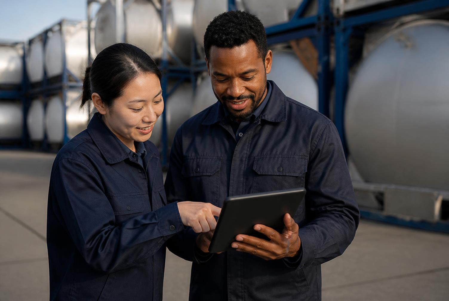 Two liquid bulk logistics colleagues reviewing tank container details together at a depot