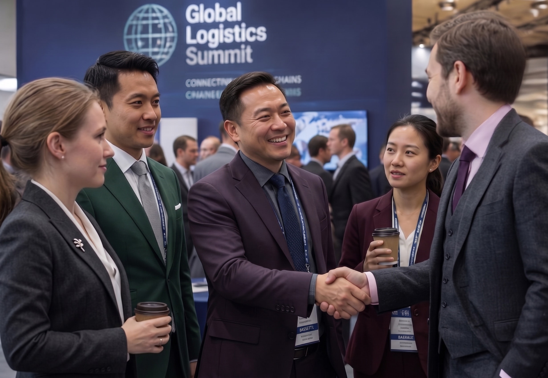 Liquid bulk logistics professionals from around the world meeting and shaking hands at an industry event
