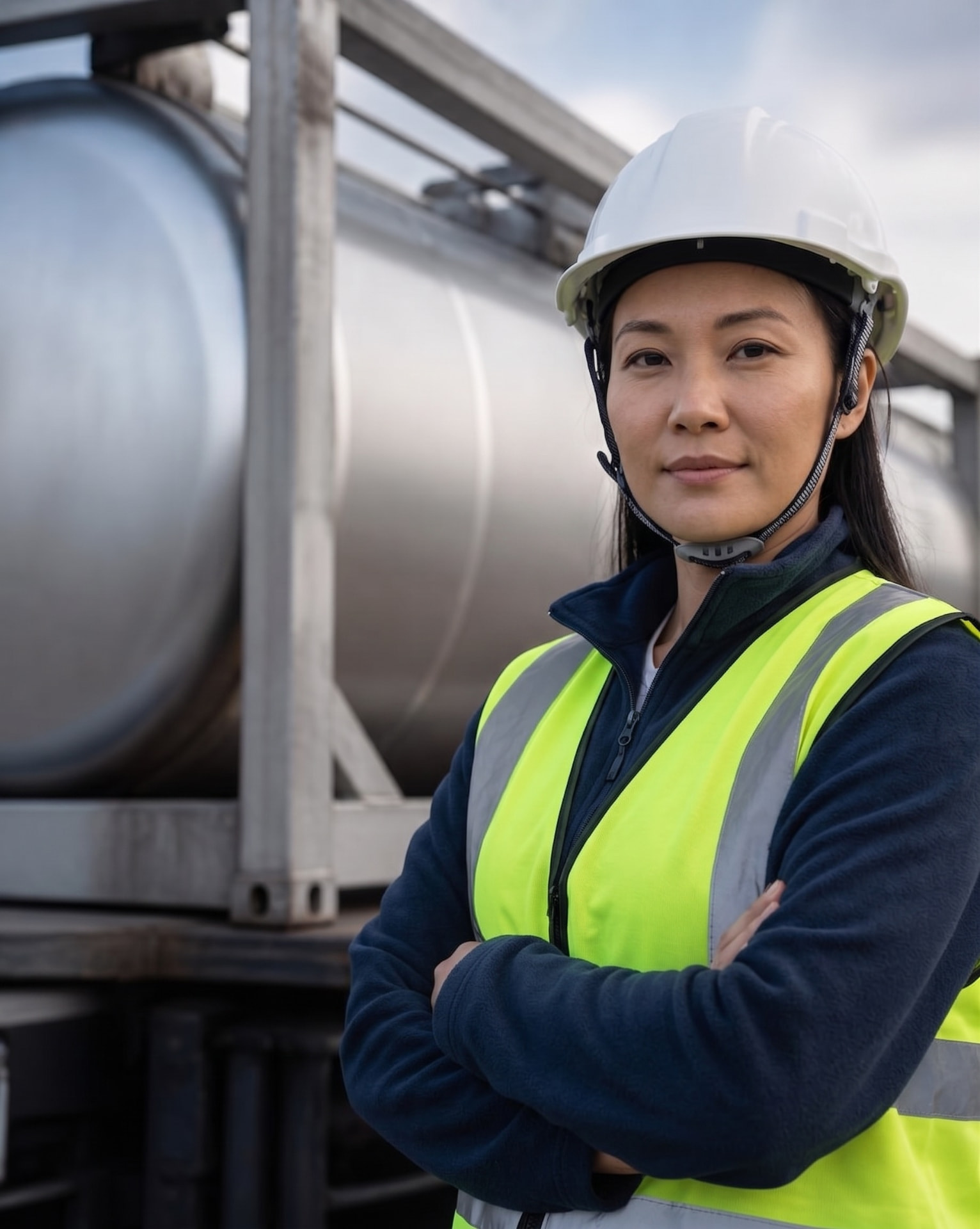 Liquid bulk logistics specialist in safety gear standing beside an ISO tank