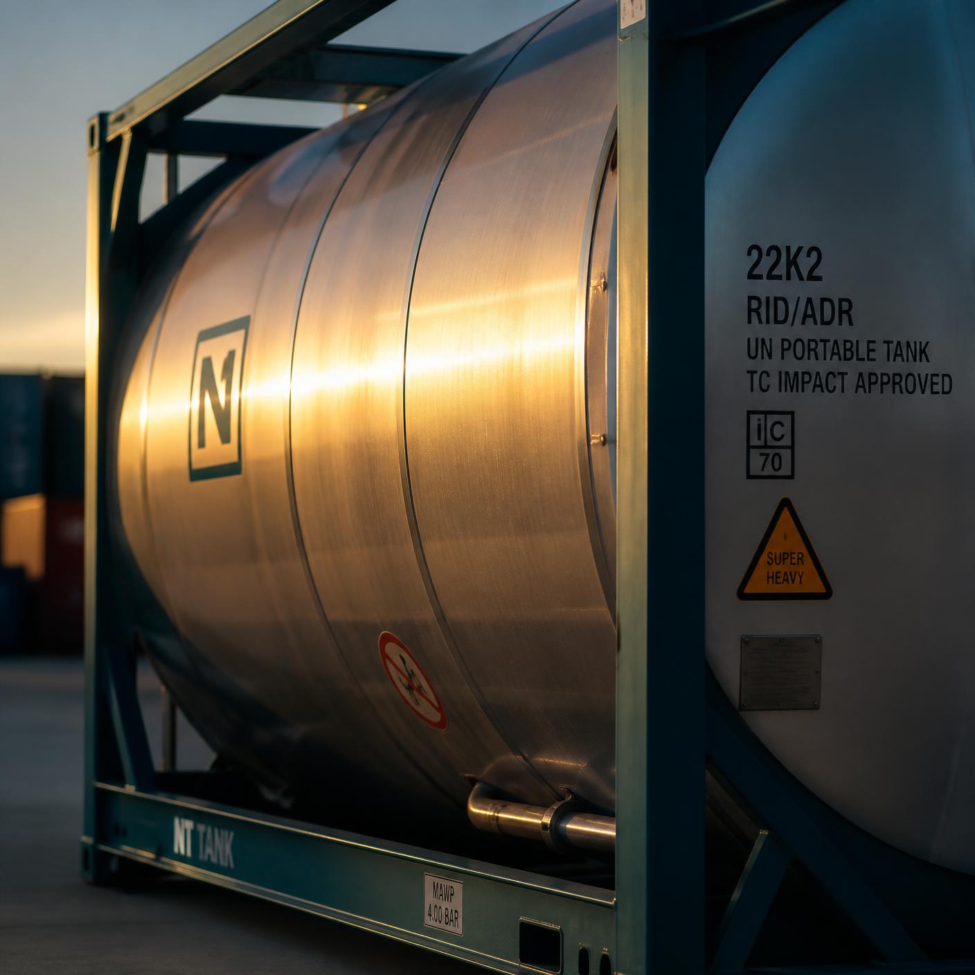 Stainless steel ISO tank container barrel and frame catching low golden light at a depot